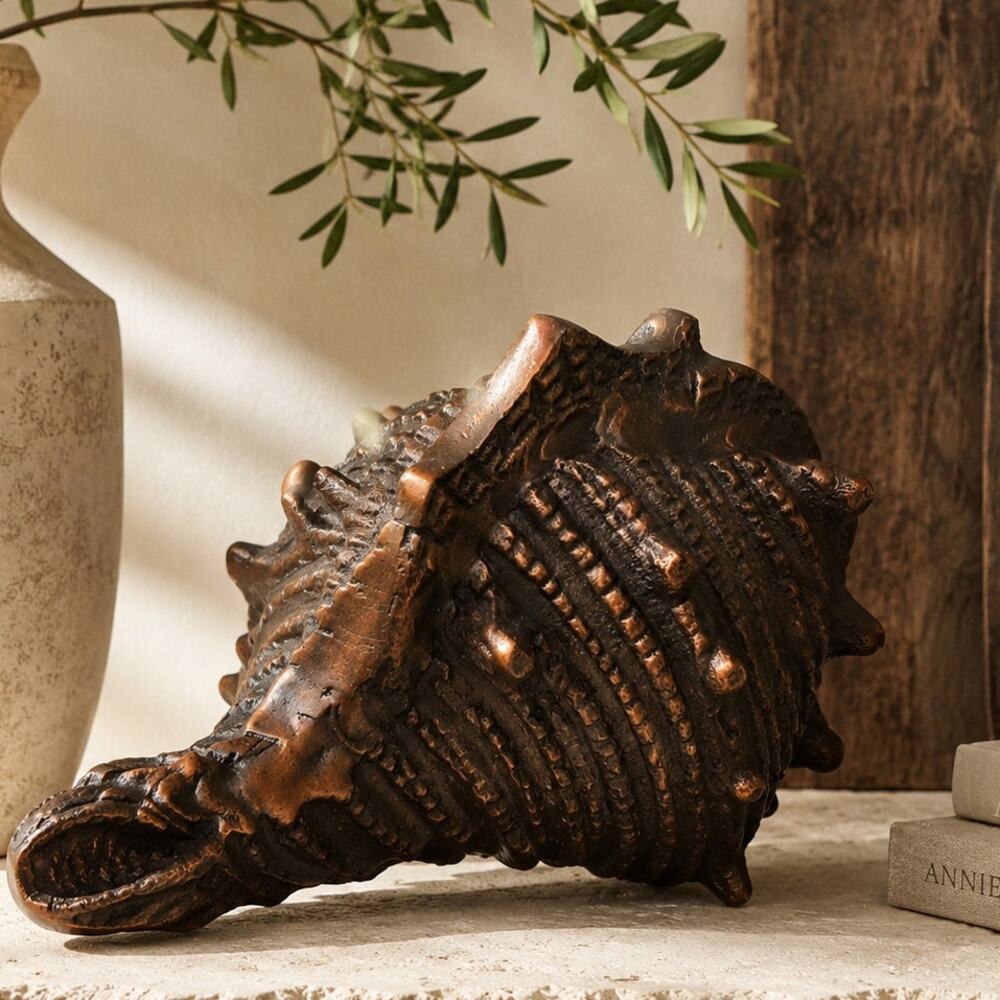 Large Bronze Conch Shell Sculpture India Sci-Fi Brutalist Coastal Decor 10"